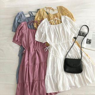 Plain Square Lace-up Short-sleeve A-line Dress