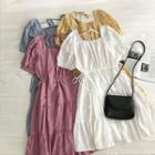 Plain Square Lace-up Short-sleeve A-line Dress