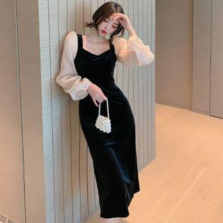 Puff-sleeve Velvet Panel Midi Dress