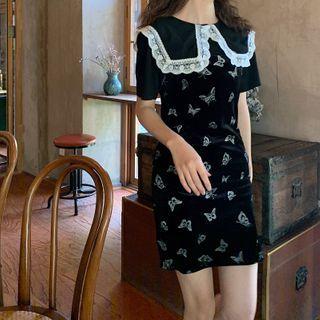 Short-sleeve Lace Collar Top / Printed Slipdress