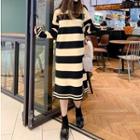 Long-sleeve Striped Midi Collared Knit Dress Black - One Size
