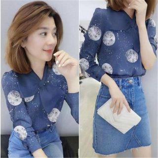 Bow Accent Print Chiffon Blouse