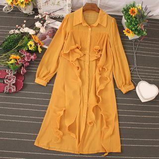 Ruffle Trim Long-sleeve Midi A-line Shirtdress