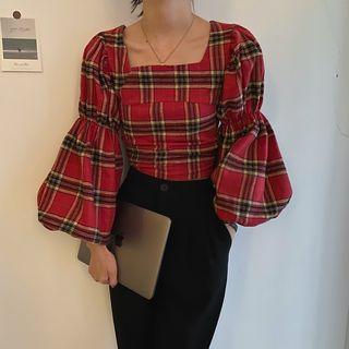 Puff-sleeve Square-neck Plaid Top