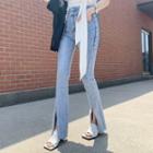 Deep-slit Seam-trim Boot-cut Jeans