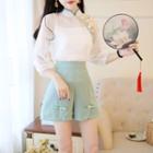 Set: Traditional Chinese 3/4-sleeve Embroidered Chiffon Top + Wide-leg Shorts