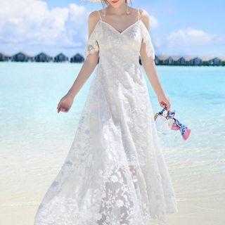 Short-sleeve Cold Shoulder Lace A-line Maxi Dress