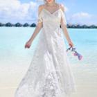 Short-sleeve Cold Shoulder Lace A-line Maxi Dress