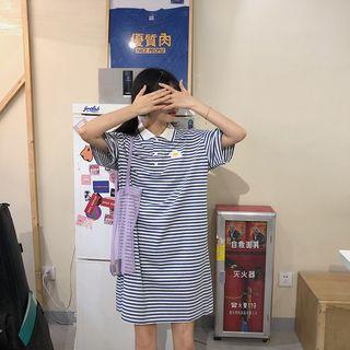 Elbow-sleeve Embroidered Egg Striped Polo Dress