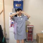 Elbow-sleeve Embroidered Egg Striped Polo Dress