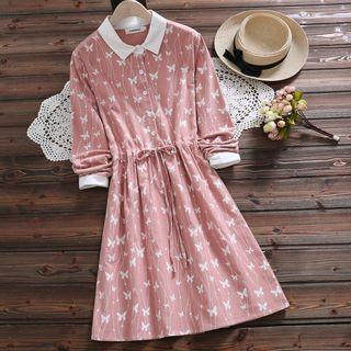 Long-sleeve Butterfly Print A-line Shirt Dress