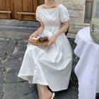 Short-sleeve Cold Shoulder Sashed A-line Midi Dress