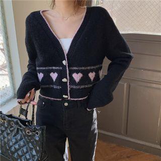 Long-sleeve Heart Print Cropped Knit Cardigan