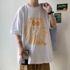 Elbow-sleeve Lion Print T-shirt