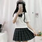 Short-sleeve Sailor Collar Top / Mini Plaid Pleated Skirt