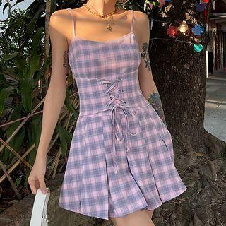 Spaghetti Strap Plaid Lace Up Mini A-line Dress
