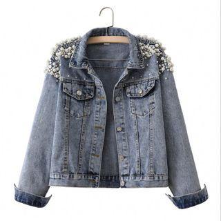 Faux Pearl Embellished Washed Denim Jacket