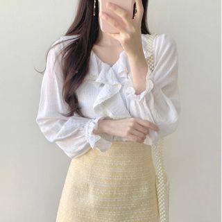 V-neck Ruffle Long-sleeve Shirt