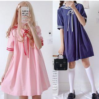 Sailor Block Elbow-sleeve A-line Dress