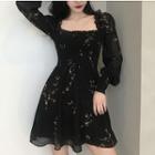 Long-sleeve Floral Print Chiffon A-line Mini Dress Black - One Size
