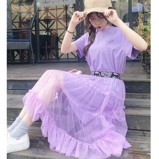 Set: Lettering Short-sleeve T-shirt Dress + A-line Mesh Skirt