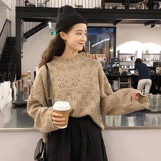 Plain Perforated Mock-neck Long-sleeve Knit Top
