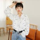 Long-sleeve Tie Neck Floral Printed Chiffon Shirt As Shown In Figure - One Size