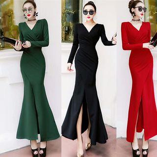 Long-sleeve Front-slit Maxi Dress
