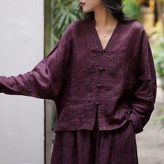 V-neck Frog-button Blouse Dark Red - One Size