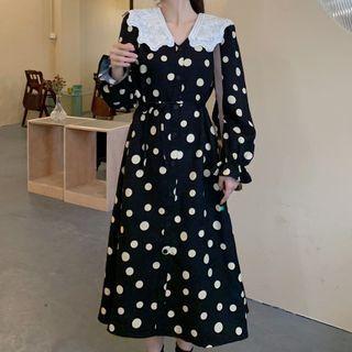 Long-sleeve Lace Collared Dotted Midi A-line Dress