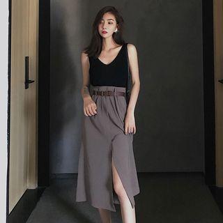 Plain Knit Tank Top / Midi Skirt With Belt