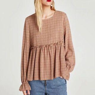Gather Cuff Frilled Gingham Top