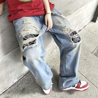 Mid Rise Paisley Print Distressed Wide Leg Jeans