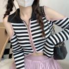 Long-sleeve Cold-shoulder Striped Cropped Top