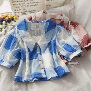 Puff-sleeve Cropped Plaid Shirt