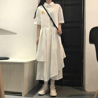 Short-sleeve Flower Embroidered Midi Collared Dress