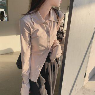 Long-sleeve Collared Button-up Top Almond - One Size
