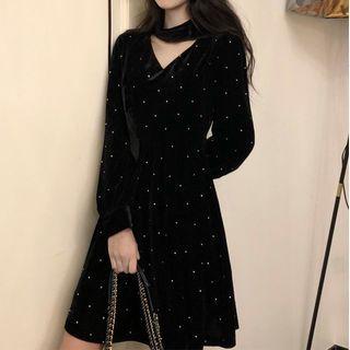 Long=-sleeve Velvet A-line Dress