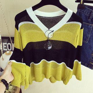 Color Block V-neck Long-sleeve Knit Top