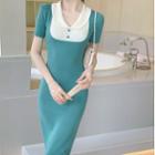 Short-sleeve Two-tone Knit Midi Sheath Dress
