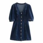 Elbow-sleeve Button-up Denim Mini A-line Dress