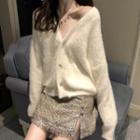Wide-neck Furry Cardigan / High-waist Mini Skirt