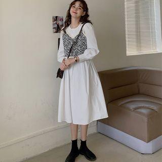 Long-sleeve Midi A-line Dress / Spaghetti Strap Floral Print Top