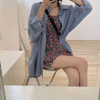 Floral Print Spaghetti Strap Dress / Long-sleeve Shirt