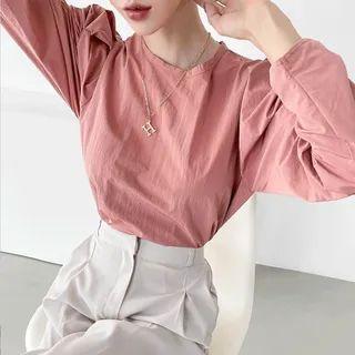 Puff-shoulder Smocked-sleeve Blouse