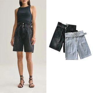 High-waist Belted Denim Straight Leg Shorts