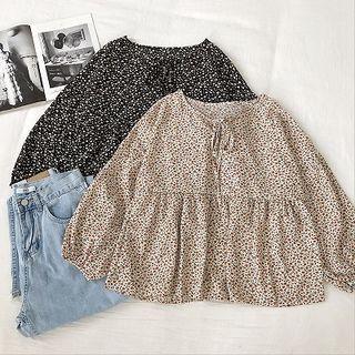 Long-sleeve Tie-neck Floral Print Top