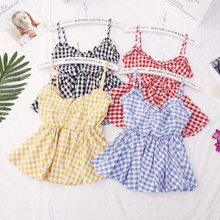 Plaid V-neck Ruffled Trim Tank Top