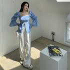 Puff-sleeve Ruffled Blouse Blue - One Size