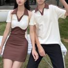 Couple Matching Short-sleeve Two-tone Cutout Mini Sheath Dress / Polo Shirt / Pants